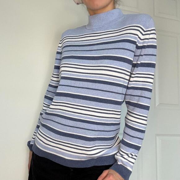 Blue white striped ribbed turtleneck Karen Scott size medium - Picture 5 of 8